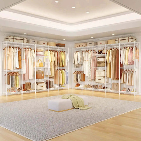 Extra Large Industrial Pipe Clothing Rack With Five Tier Shelves And Hanging Rods Freestanding Portable Closet Organizer System 88.6 Inches Wide Beefed Up Heavy Duty Wardrobe Holds Up To 1300 Lbs White, installed in a room.