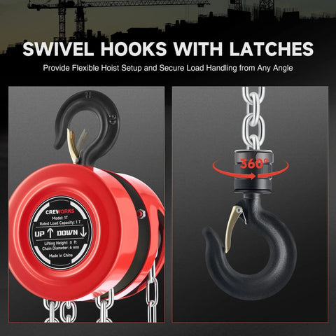 Heavy Duty Manual Lever Hoist With One Ton Capacity And Eight Foot Lift, Galvanized Hand Chain And G80 Load Chain swivel hooks close-up