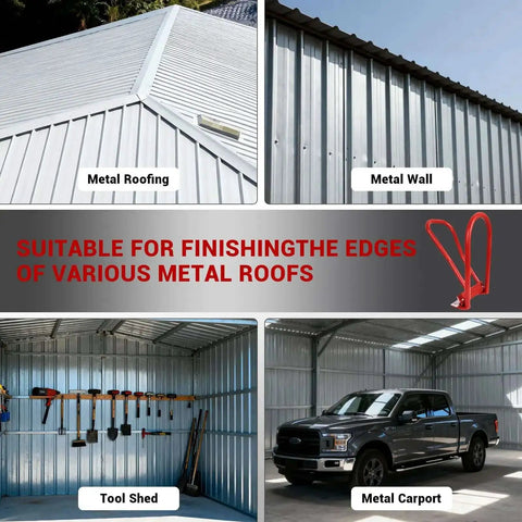 Image showing a tool shed and metal carport with labeled metal roofing and walls, suitable for Eaves Seam Bender for Roofer Pros and Metal Fab Pros.