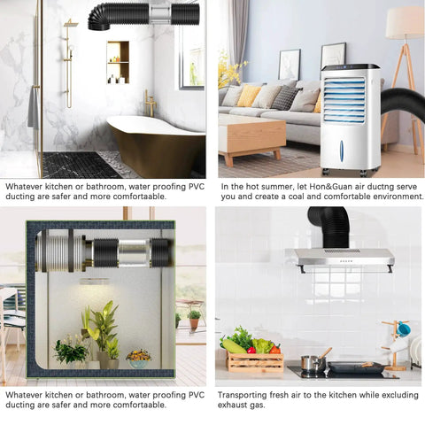 Four images showing applications of ducting systems in bathroom, living room, grow room, and kitchen setups.