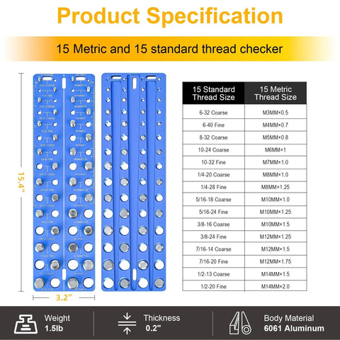 30 In 1 Nut And Bolt Thread Checker All In One Standard And Metric Thread Gauge Tool With 15 SAE And 15 Metric Sizes Wall Mountable Thread Identifier With Inch And Cm Ruler showing blue aluminum body with thread size chart