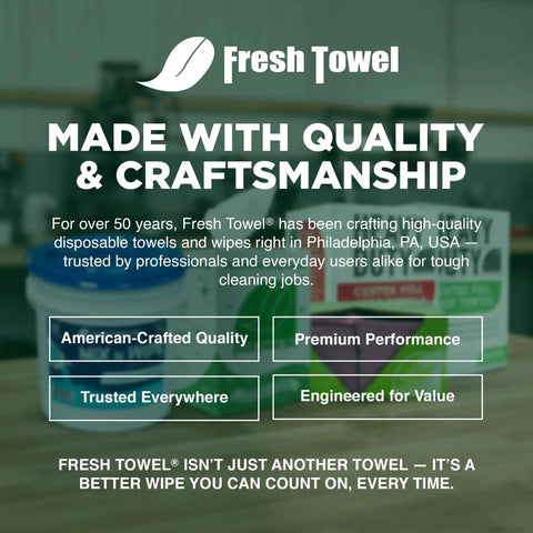 Image of Fresh Towel product branding showcasing quality and craftsmanship for high-quality disposable towels and wipes.