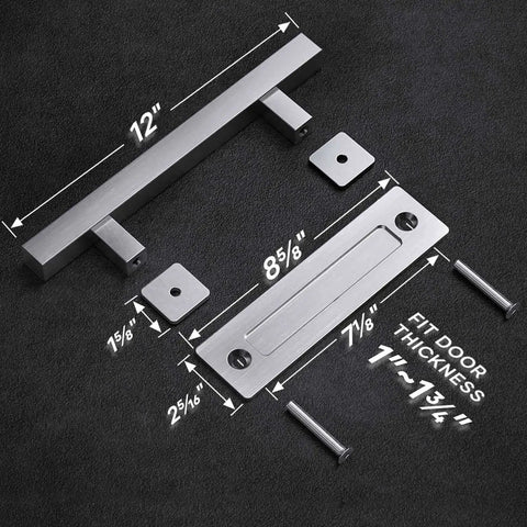 12 Inch Stainless Steel Sliding Barn Door Pull Handle With Flush Hardware Set Double Sided Brushed Finish Anti Rust Corrosion Resistant Easy Install Square Design 2 Pack For Interior Doors And Closets, showing dimensions and components