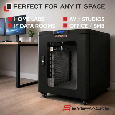 Quiet Sound Dampened 19 Inch Server Rack Cabinet With Dual Exhaust Fans in office setting, locking glass door closed.