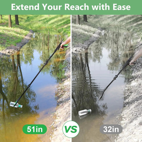 Image comparing 51 Inch Extra Long Grabber Reacher Tool With Foldable Design, Magnetic Tip, 360 Degree Rotating Anti Slip Claw for indoor and outdoor use next to a 32 inch grabber.