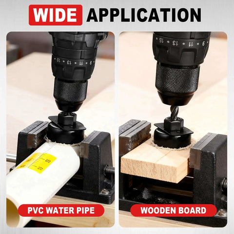 Pro-Grade Hole Saw Kit With 20 Pieces from 3/4 Inch to 6 Inch Holes, drilling PVC pipe and wooden board with precision teeth.