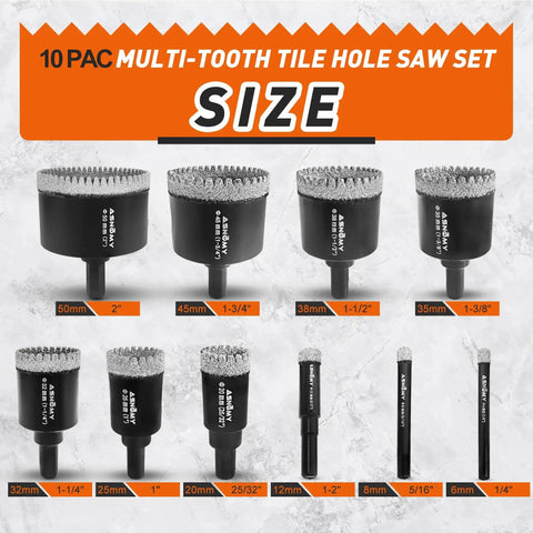 10 Piece Serrated Diamond Hole Saw Set One Quarter Inch To Two Inch Core Drill Bits For Porcelain Tile Glass Ceramic Stone Granite Marble With EVA Guide Jig And Tough Hardened Steel Body displayed in various sizes.