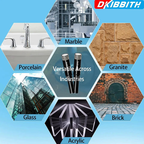 Graphic showing versatility of Ten Pack One Quarter Inch Diamond Drill Bits Set for tile, porcelain, granite, marble, stone, glass.