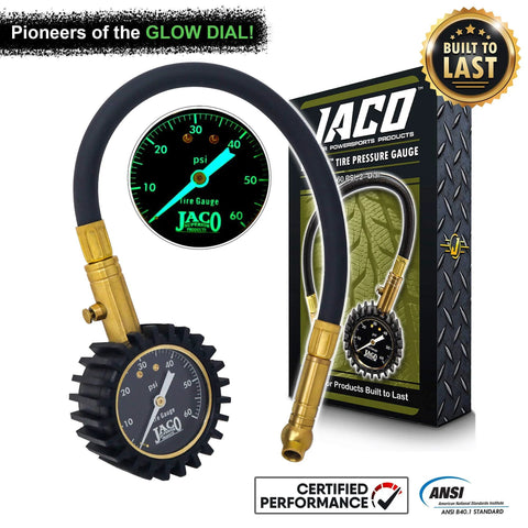 JACO ElitePro tire pressure gauge with glow dial, 60 PSI, brass hose fitting, black gauge