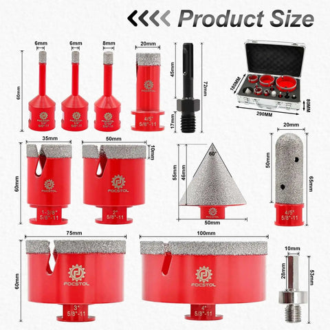 Front view of red Pro Grade Diamond Core Drill Bit Set for porcelain tile, ceramic, marble, granite; 12 pieces with various sizes and adapters.