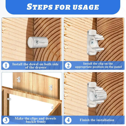 Installation steps for 10 Pairs False Drawer Front Clips With Screws For Cabinet Installations, showing clips and blocks on wood.