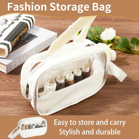 Clear fashion storage bag with zipper, showcasing organized spools of thread on a wooden table and magazines.