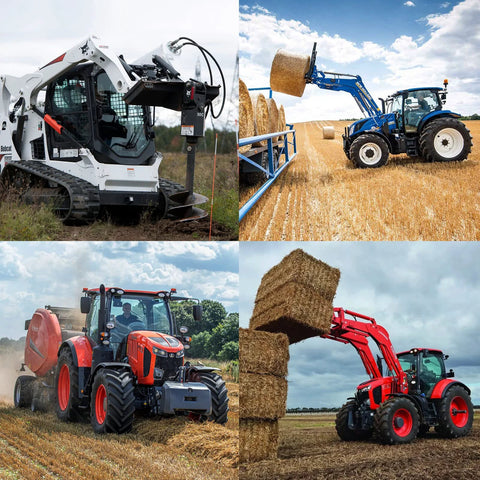 3/4 in SAE skid-steer quick-connect couplers collage showing white Bobcat skid-steer, blue tractor loader, and red tractors