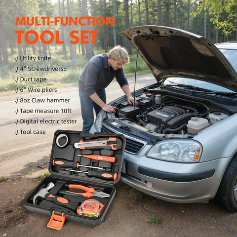 All In One Car Emergency Kit With Portable Air Compressor Jump Cables First Aid Kit, person using tools near car engine