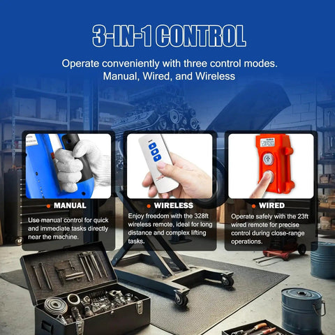 Image showing 3-in-1 control options for Electric Hoist Winch 1540 Lb Capacity with 1500W Power: manual, wired, and wireless remote.