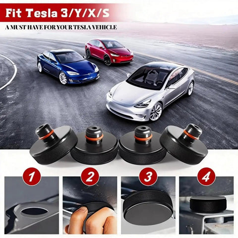 Lifting Jack Pads For Model 3 Y S X Cars Waterproof Pucks With Case 4 Pack shown with Tesla cars and installation steps.