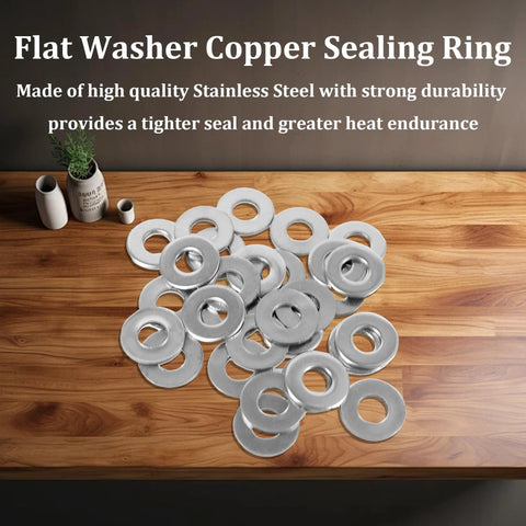 M5 stainless steel flat washers, 60 pcs, outer diameter 12 mm, inner diameter 5 mm, 1 mm thick, on wooden table.