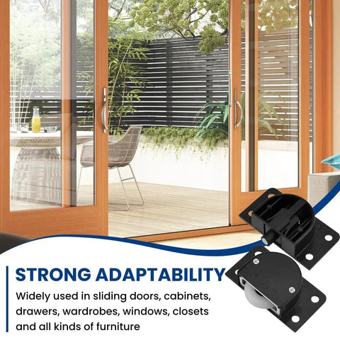 Cabinet Door Sliding Silent Plastic Roller Pulleys Set For Closet And Wardrobe Doors Smooth Track Wheel Hardware displayed near sliding glass doors