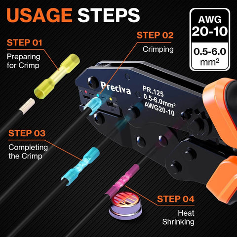 Heavy Duty Wire Crimping Tool Kit With Ratcheting Crimper And 200 Pcs Color-Coded Heat Shrink Connectors, 22-10 AWG, usage steps