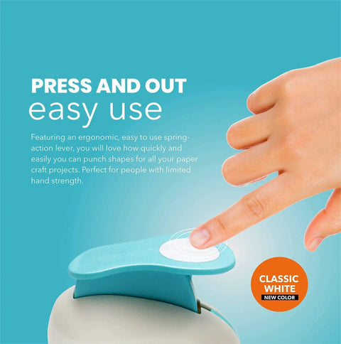 Hand using 3 Inch Circle Punch For Scrapbooking Card Making And DIY Craft Projects With Ergonomic Spring Action Lever Delivers Crisp Circles Every Time Great For Photos Albums And Greeting Cards In Classic White