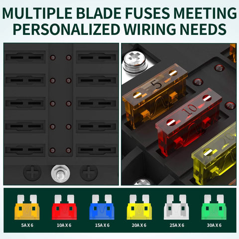 Multiple blade fuses for 12 Way Fuse Block With LED Indicator, 12V Blade Fuse Box, 12-Circuit Marine Fuse Panel, ATO ATC Type