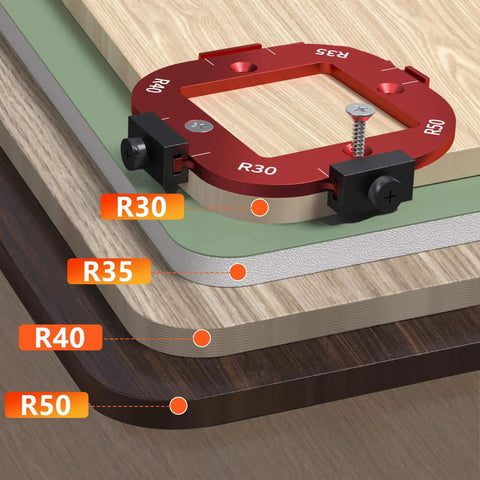 Pro Grade Router Templates And Jigs For Woodworking With Edge Guide And Corner Radius Templates R30-R50 on wood surfaces.