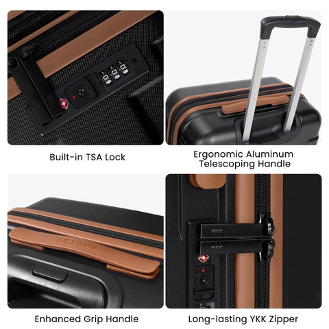 Three Piece Hardside Luggage Set With Spinner Wheels And TSA Lock features, including TSA lock, telescoping handle, grip handle, and YKK zipper.