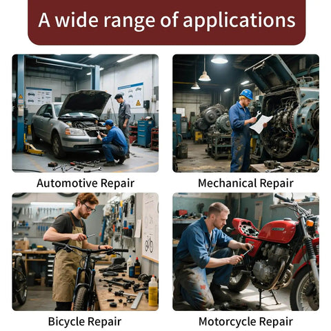 Four images of repair: automotive, mechanical, bicycle, and motorcycle repair settings, highlighting diverse applications.