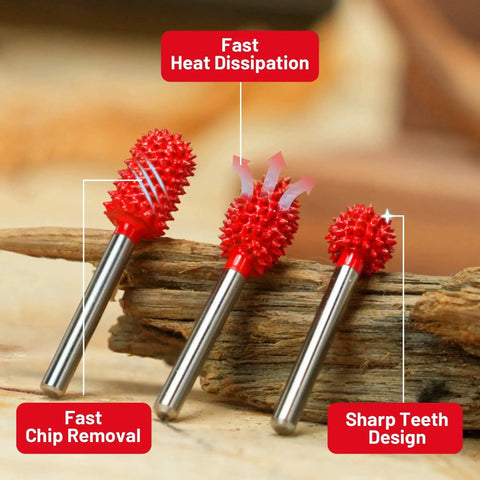 Hardcore Tungsten Carbide Rotary Burr Kit For Wood Carving, 3 Piece Set With 1 8th Inch Shank Very Coarse Engraving Bits displayed