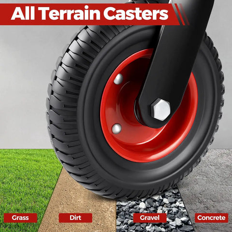 Close-up of 8 inch heavy duty solid rubber all terrain caster wheel on various surfaces, featuring a red mounting plate.