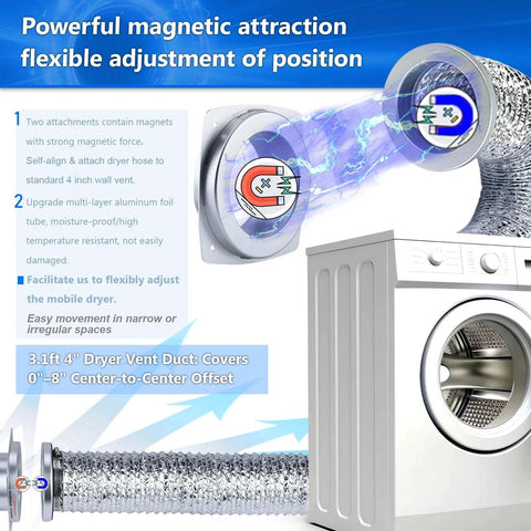 Magnetic Dryer Vent Connector Kit With Self Alignment And No Fuss Quick Connect DV180 Magnetic Dryer Vent Coupling showing flexible alignment and duct connection.