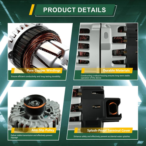 Close-up image showing features of 13.5V 180A Alternator Replacement For Hyundai Palisade 2020 2021 2022 2023 2024 2025 And Kia Telluride 2020 2021 2022 2023 2024 3.8L With Six Groove Pulley And Clockwise Rotation Brand New High Output Auto Part