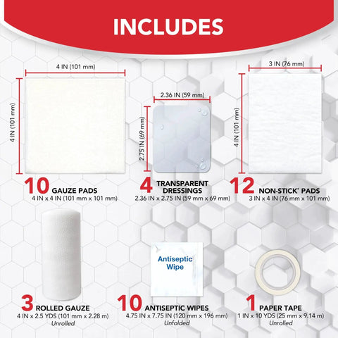 Wound Care Kit And First Aid Supplies 40 Piece For Home Car Travel Camping Hiking with gauze pads, dressings, wipes, tape.