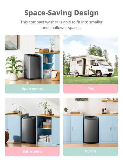 Compact Portable Washer 0.9 Cu Ft With LED Display And 5 Wash Cycles shown in apartments, RVs, bathrooms, and dorms