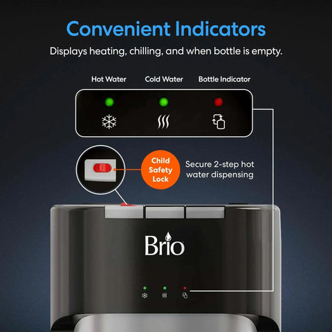 Close-up of LED display and child safety lock on bottom load water dispenser for five gallon bottles with hot, cold, and room temperature water.