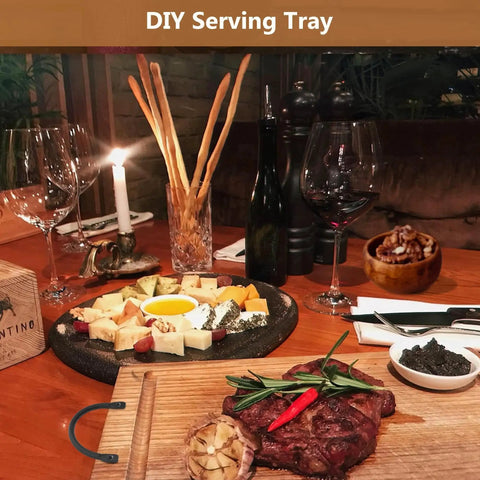 Dining setup with metal rustic curved tray handles pack of 4 used for serving trays, cutting boards, and charcuterie boards.