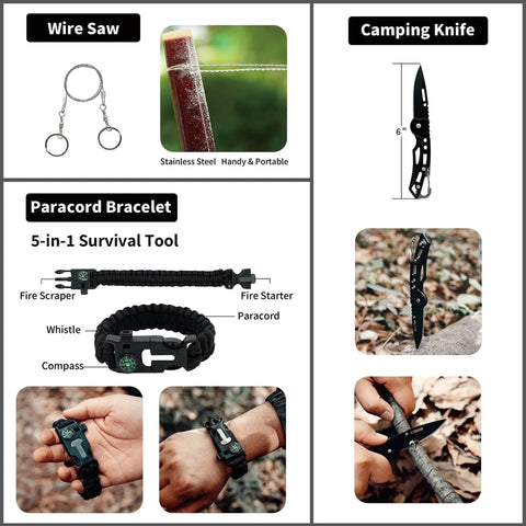 Image showing a wire saw, camping knife, and paracord bracelet from Survival First Aid Kit With Molle Pouch Emergency Medical Gear.