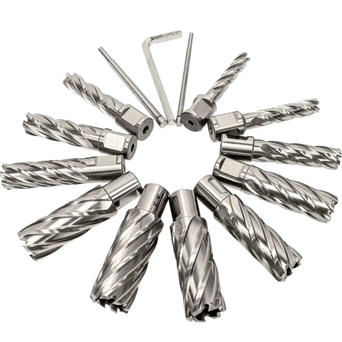 Annular Cutter Set For Magnetic Drill Press 13 Pc Heavy Duty Kit With 2 Pilot Pins Cutting Depth 2 Inches And Diameters From 7/16 To 1-1/16 Inches HSS M2AL Core Cutters S&F Stead & Fast arranged in a circle