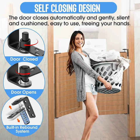 Woman carrying laundry through door with Heavy Duty Self Closing Saloon Door Hinges 304 Stainless Steel Self Return Dual Swing Cafe Hinges