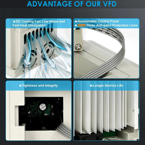 220V Single Phase To 3 Phase VFD Inverter features cooling fan and control panel, showcasing heat dissipation and longevity.