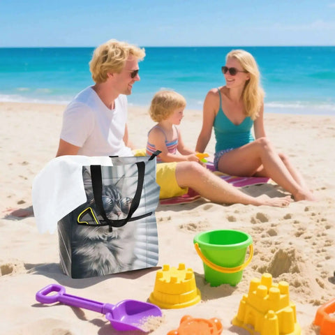 Cool Cat Sunglasses Tote Bag With Zipper For Kids And Women, spacious and water-resistant, on a beach next to a family.