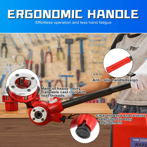 Ratcheting Pipe Threader Kit Pro Grade With 3 NPT Dies One Half Inch Three Quarters Inch One Inch Manual Threading Tool Set