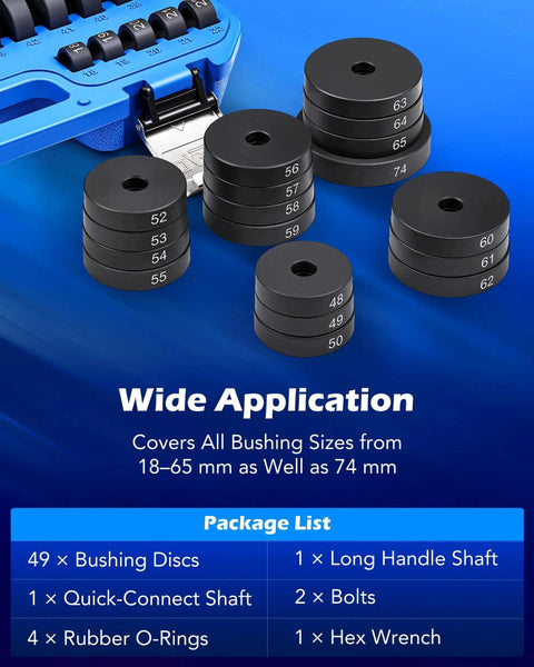 52-In-1 Universal Bushing Driver Kit With 50 Interchangeable Discs For Bearing Race And Seal Installer displayed with various disc sizes