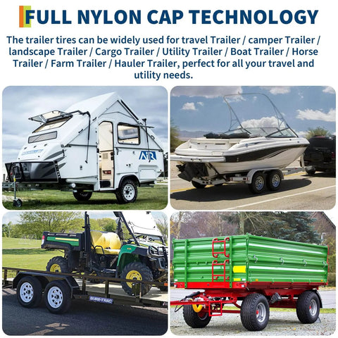Various types of trailers including travel, camper, utility, boat, and farm trailers displayed with full nylon cap technology tires.