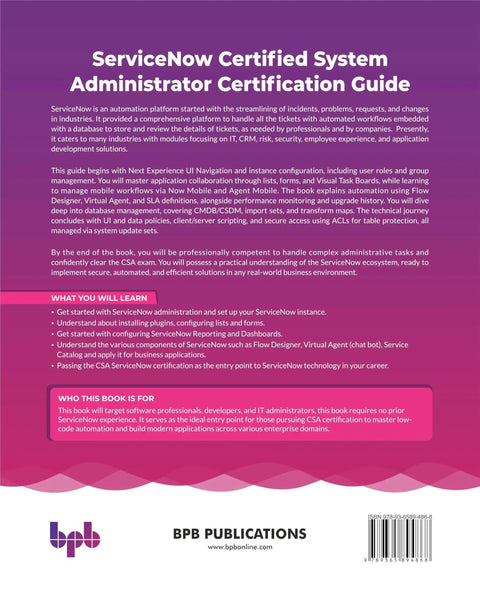 Book cover: ServiceNow Certified System Administrator Certification Guide; purple gradient and BPB Publications logo