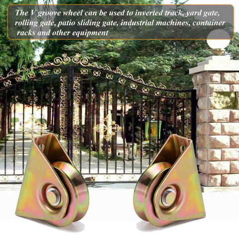 V Groove Wheel Plate Casters For V Track Rails Heavy Duty Sliding Gate Wheel With Bracket shown in front of metal gate