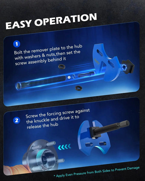 Illustration of Wheel Hub Removal Tool Kit showing assembly with plate, screws, and washers for safe hub removal on cars and trucks.