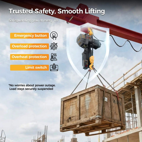 Shop Ready Electric Chain Hoist With 2200 Lb Capacity lifting crate on construction site, emergency and protection features highlighted.