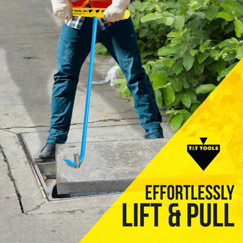 Person using 36 Inch Hand Hook With Three Eighths Inch Round Pump End Multipurpose Lifting Tool for manhole covers
