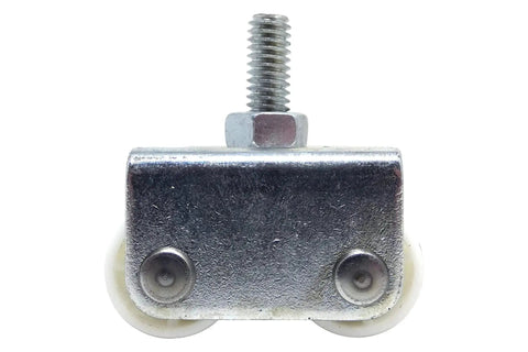 Front view of 7/8-Inch Threaded Stem Appliance Caster Set With Dual Wheels White 4-Pack Low Profile, showing metal stem and wheels.